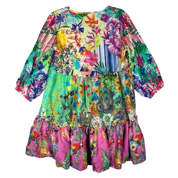 Lula Soul Floral Mixed Media Patchwork Tiered Boho Mini Dress Sz L Tropical Vaca - Picture 2 of 10